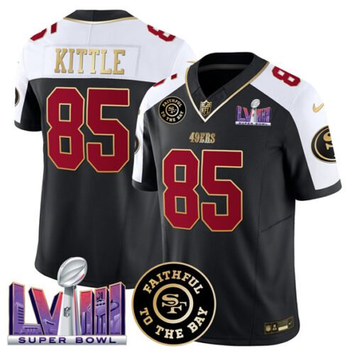 Black San Francisco 49ers #85 George kittle Alternate 2025 F.U.S.E. Faithful & Super Bowl LVIII Patch Vapor Limited Stitched Football Jersey - SFR09
